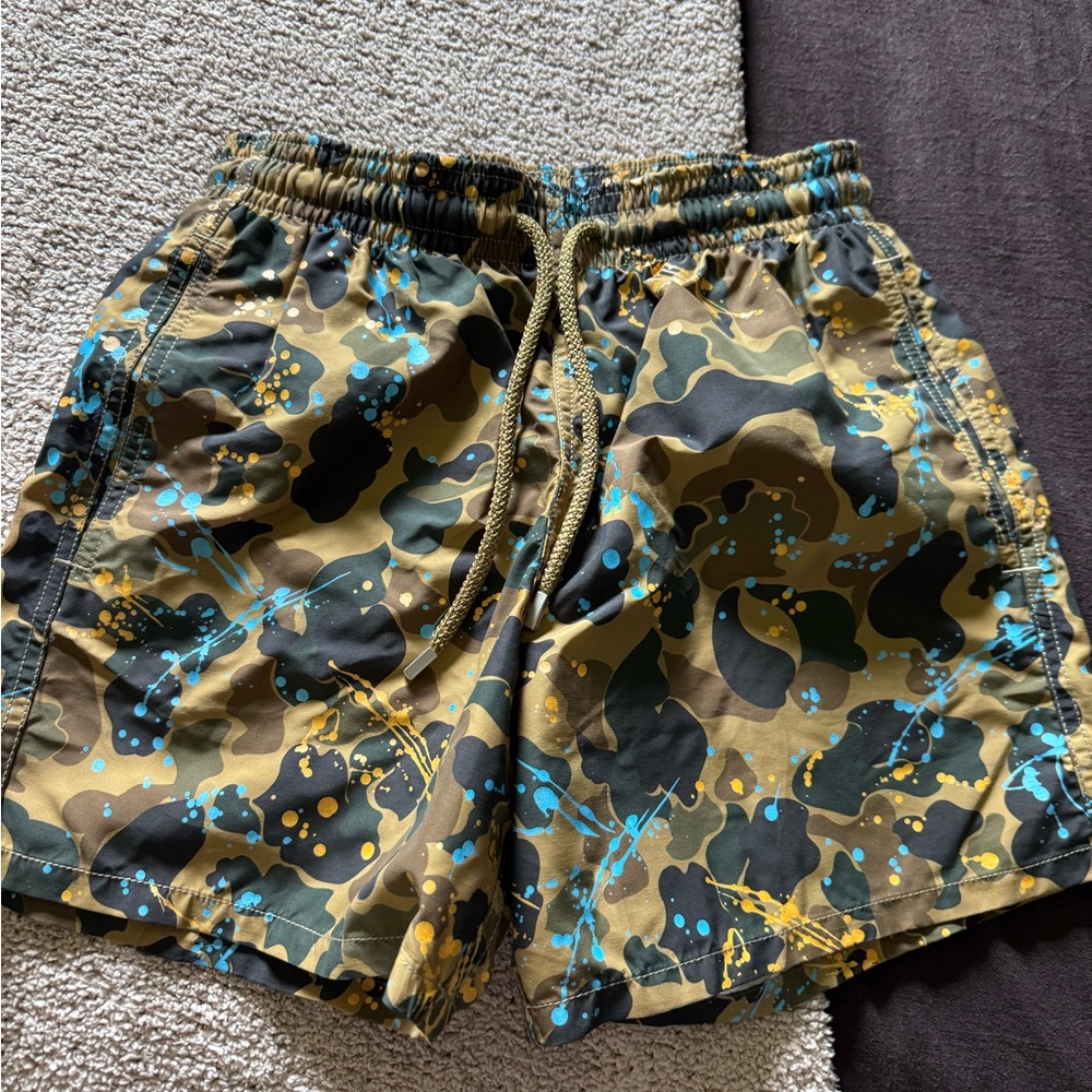 Palm Angels Camouflage Swim Shorts with Blue and Yellow Details